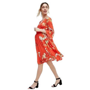 BlueBelle Maternity Orange Floral Bell Sleeve Stretch Flow Maternity Dress Sz 16